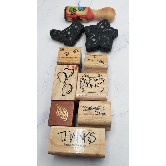Mixed Lot of 10 Wood Mounted Rubber Stamps Nature Party Thanks - Picture 1 of 14